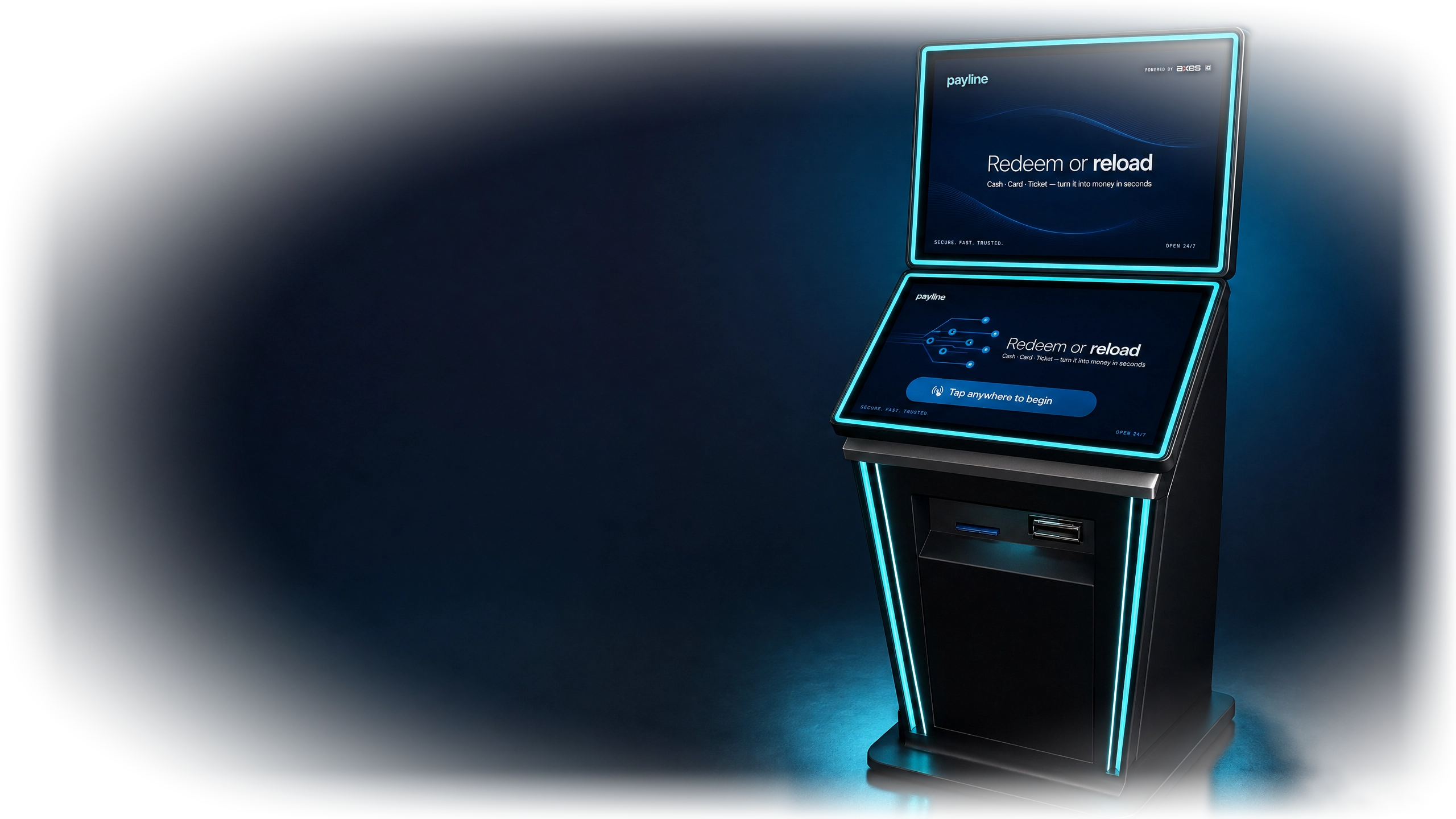 Payline COAM redemption kiosk for Georgia skill game venues — a dual-screen, cyan-edge-lit floor unit. The upper screen reads “payline · POWERED BY AXES” with “Redeem or reload”; the lower touch screen invites the player to tap to begin, above a bill acceptor and gift-card dispenser.